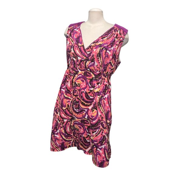 Merona Cotton Sleeveless Paisley V Neck Dress Sz Large Pink Purple Polyester Cas - Picture 8 of 11